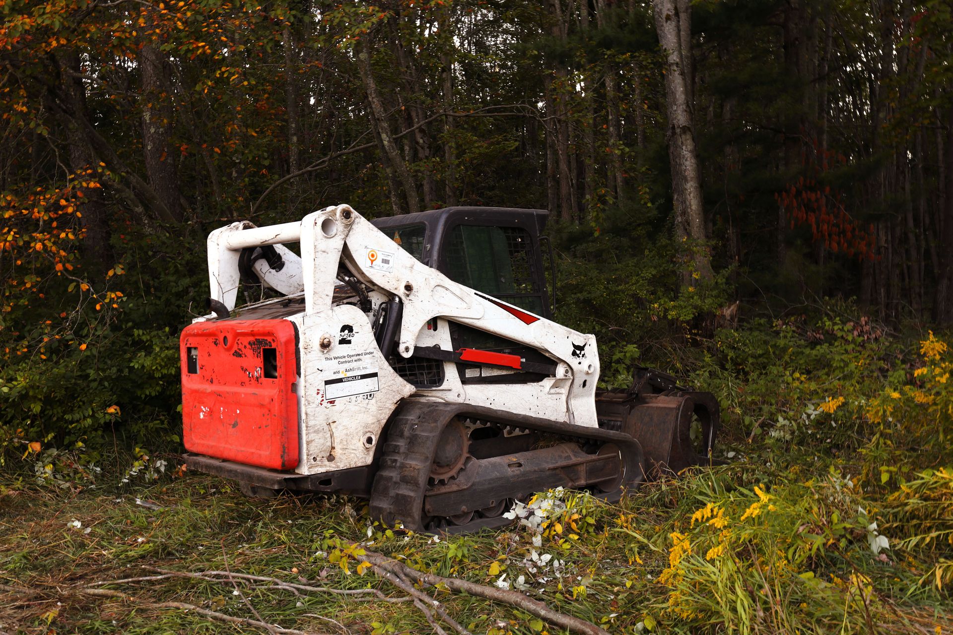 A bulldozer parked in a forest clearing surrounded by autumn foliage in Harbor Springs, Michigan.